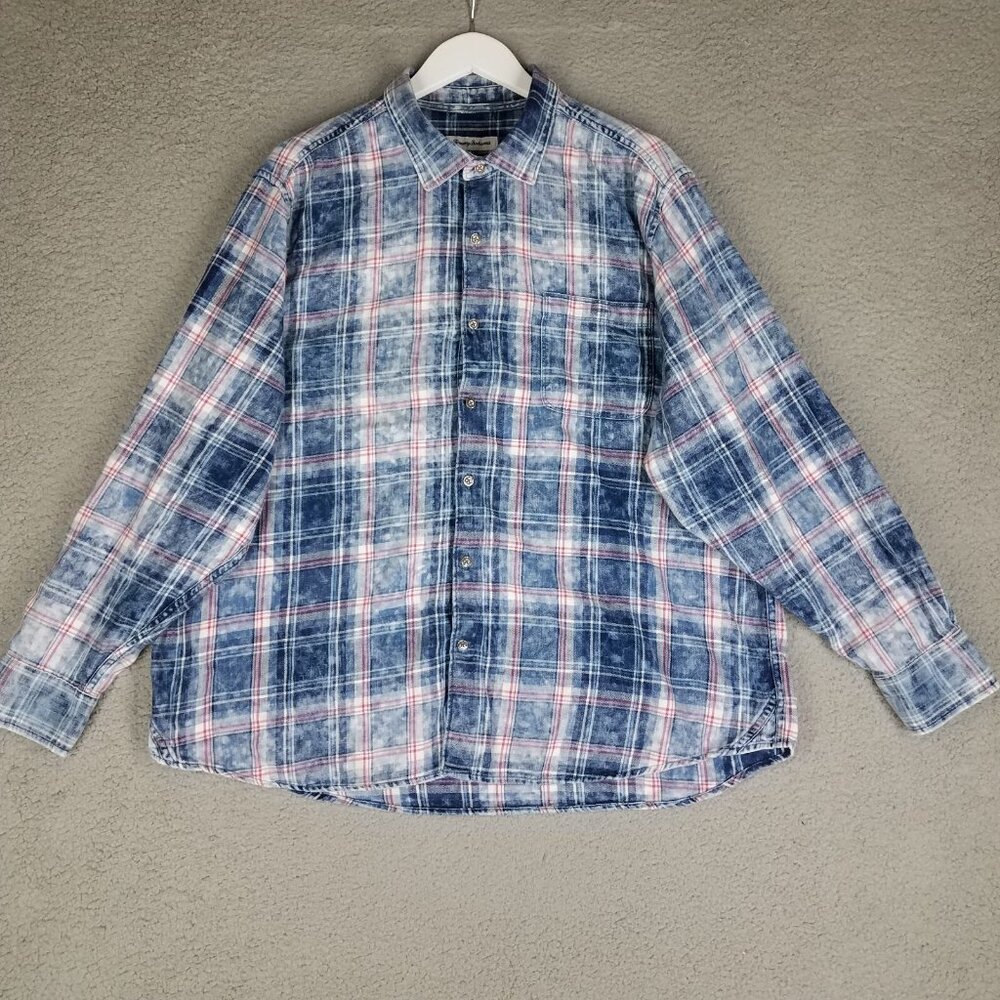 Tommy Bahama Button Up Shirt Adult XXL Plaid Acid Wash Blue Casual Beach Men's